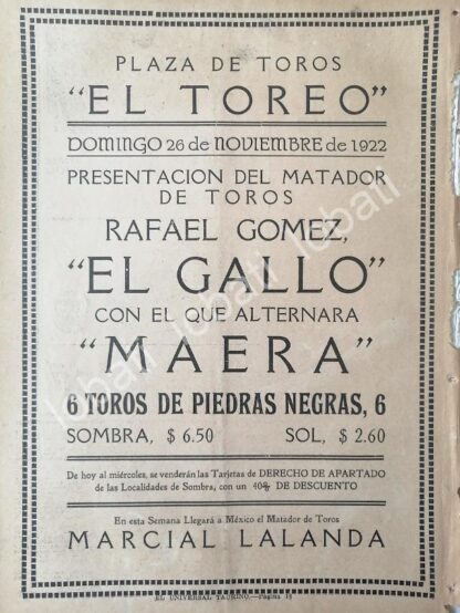 CARTEL ANTIGUO ORIGINAL DE CARTEL PLAZA DE TOROS EL TOREO, 1922 EL GALLO, LALANDA, /51