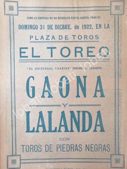 CARTEL ANTIGUO ORIGINAL DE CARTEL PLAZA DE TOROS EL TOREO, 1922 PROPUESTA DE CORRIDA /47