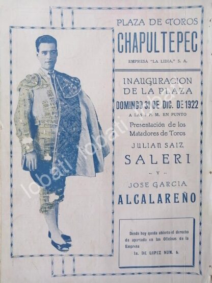 CARTEL ANTIGUO ORIGINAL DE INUGURACION DE LA PLAZA DE TOROS CHAPULTEPEC, 1922 /46