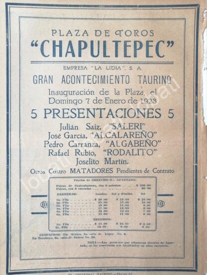 CARTEL ANTIGUO ORIGINAL DE INUGURACION DE LA PLAZA DE TOROS CHAPULTEPEC, 1923 /45