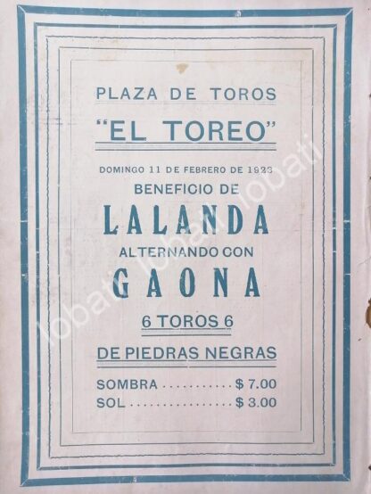 CARTEL ANTIGUO ORIGINAL DE CARTEL PLAZA DE TOROS EL TOREO, 1923 GAONA Y OTROS /40