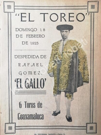 CARTEL ANTIGUO ORIGINAL DE CARTEL PLAZA DE TOROS EL TOREO, 1923 RAFAEL GOMEZ EL GALLO /39