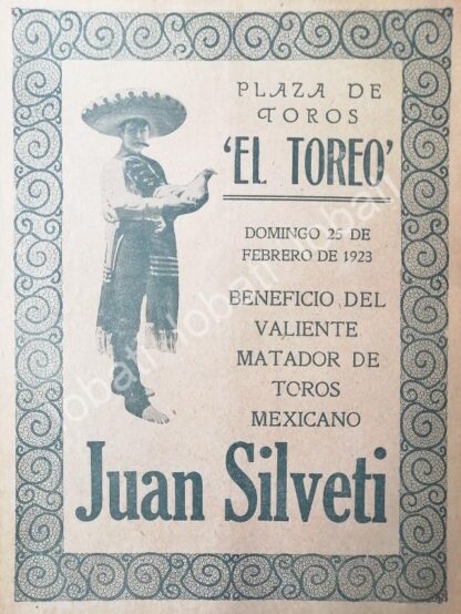 CARTEL ANTIGUO ORIGINAL DE CARTEL PLAZA DE TOROS EL TOREO, 1923 JUAN SILVETI /38