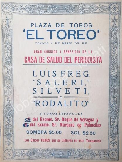 CARTEL ANTIGUO ORIGINAL DE CARTEL PLAZA DE TOROS EL TOREO, 1923 RODALITO, LUIS FREG ETC