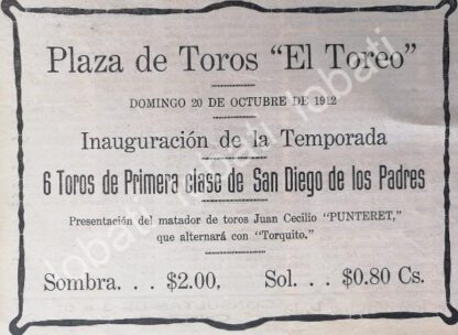 CARTEL ANTIGUO ORIGINAL DE CORRIDA DE TOROS, PLAZA DE TOROS EL TOREO 1912 /207