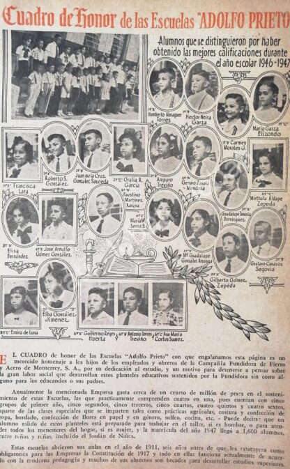 CARTEL ANTIGUO ORIGINAL DE ESCUELA ADOLFO PRIETO MONTERREY CUADRO DE HONOR 1947