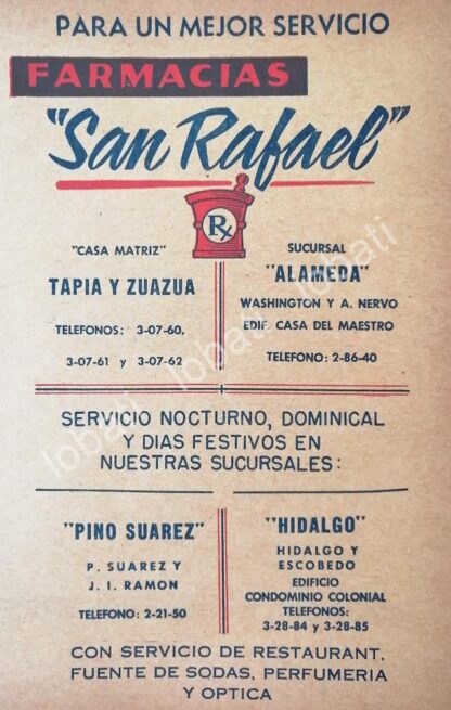 CARTEL ANTIGUO ORIGINAL DE FARMACIA SAN RAFAEL MONTERREY 1950s /269 RARO