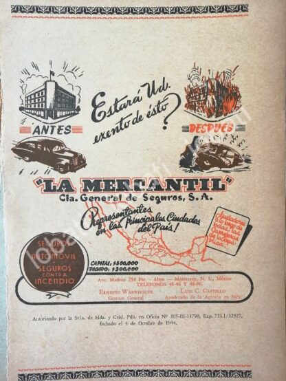 CARTEL ANTIGUO ORIGINAL DE ASEGURADORA LA MERCANTIL 1940s /266 MONTERREY