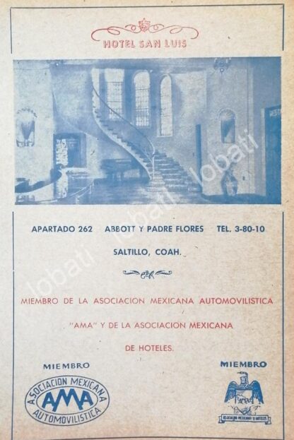 CARTEL ANTIGUO ORIGINAL DE HOTEL SAN LUIS 1960s /265 SAN LUIS POTOSI, MUY RARO