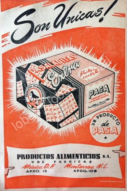 CARTEL ANTIGUO ORIGINAL DE GALLETAS PASA MONTERREY 1948 /77