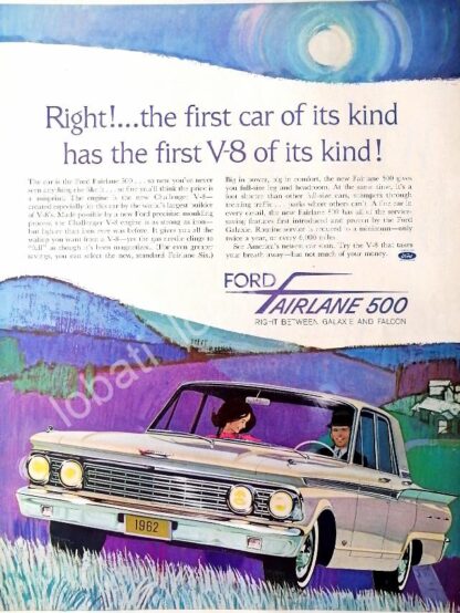 CARTEL ANTIGUO ORIGINAL DE AUTOS FORD FAIRLANE 500 V-8 1962 /475 RARO