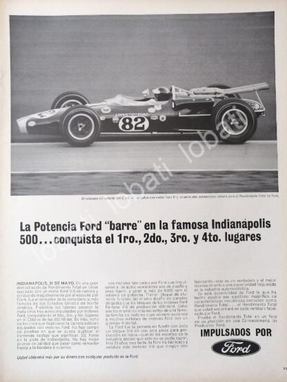 CARTEL ANTIGUO ORIGINAL DE AUTOS FORD Y EL PILOTO JIM CLARK 1965 GANA LAS 500 MILLAS / 512 FORMULA 1