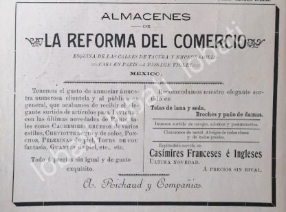 CARTEL ANTIGUO ORIGINAL DE TIENDA. ALMACENES LA REFORMA DEL COMERCIO 1895 /379 RARO