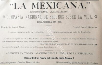 CARTEL ANTIGUO ORIGINAL DE COMPAÑIA DE SEGUROS LA MEXICANA 1894 /367