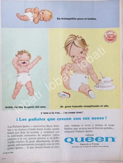 CARTEL ANTIGUO ORIGINAL DE PAÑALES DE TELA QUEEN S.A 1965 /356 SUPER RARO