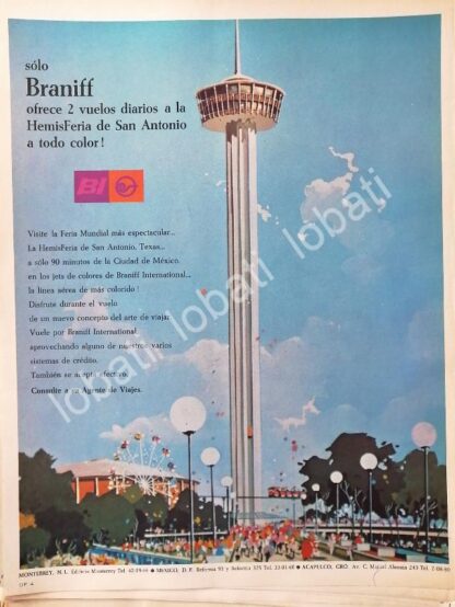 CARTEL ANTIGUO ORIGINAL DE AEROLINEAS BRANIFF Y LA FERIA MUNDIAL SAN ANTONIO TX 1968 /350