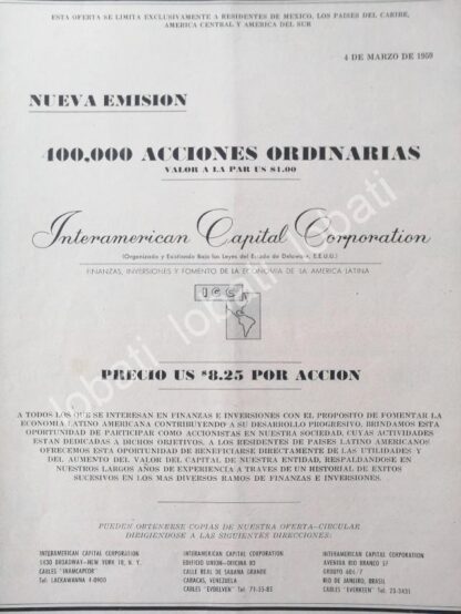 CARTEL ANTIGUO ORIGINAL DE ICC. INTERAMERICAN CAPITAL CORPORATION LANZA OFERTA PUBLICA 1959 /325