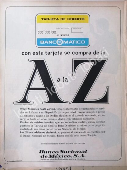 CARTEL ANTIGUO ORIGINAL DE LA PRIMERA TARJETA DE CREDITO DE AMERICA LATINA 1967 BANAMEX BANCOMATICO /306