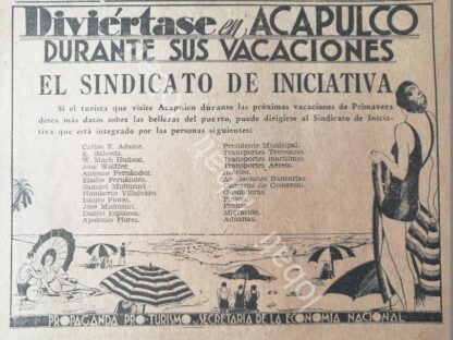 CARTEL ANTIGUO ORIGINAL DE SECRETARIA DE TURISMO ,SINDICATO DE INICIATIVA, ACAPULCO 1930s /492