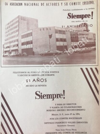 CARTEL ANTIGUO ORIGINAL DE LA ANDA FELICITA A REVISTA SIEMPRE 1974 /489