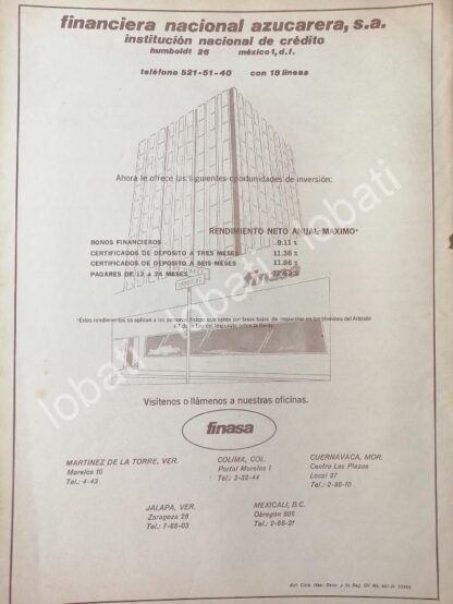 CARTEL ANTIGUO ORIGINAL DE FINANCIERA NACIONAL AZUCARERA (FINASA) 1974 /169. BANCOS