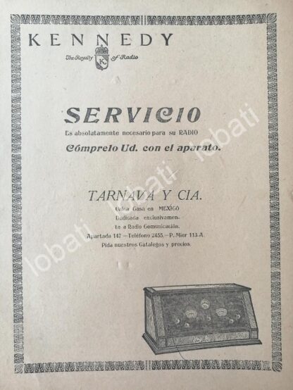 CARTEL ANTIGUO ORIGINAL DE RADIOS KENNEDY . TARNAVA & CIA. 1926 /487 MONTERREY. SUPER RARO 10+++