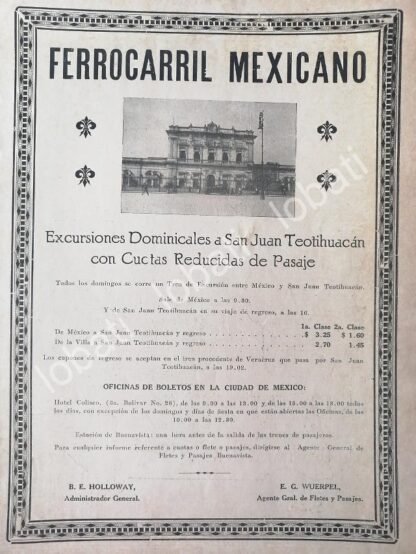 CARTEL ANTIGUO ORIGINAL DE FERROCARRIL MEXICANO 1922 SAN JUAN TEOTIHUACAN /482 MUY RARO