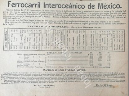 CARTEL ANTIGUO ORIGINAL DE FERROCARRIL INTEROCEANICO DE MEXICO 1894 /480 MUY RARO