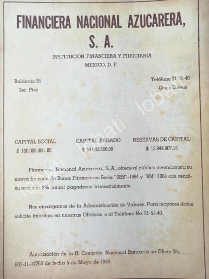 CARTEL ANTIGUO ORIGINAL DE BONOS DE FINANCIERA NACIONAL AZUCARERA 1964 /167