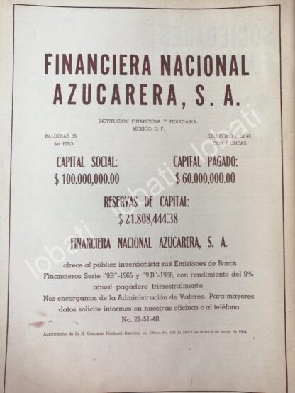 CARTEL ANTIGUO ORIGINAL DE BONOS DE FINANCIERA NACIONAL AZUCARERA 1964 /166