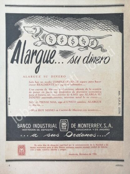 CARTEL ANTIGUO ORIGINAL DE BANCO INDUSTRIAL DE MONTERREY 1953 /160