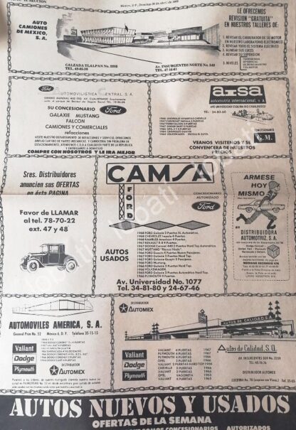 CARTEL ANTIGUO ORIGINAL DE AGENCIAS DE AUTOS VARIAS D.F ABRIL 1969 /456