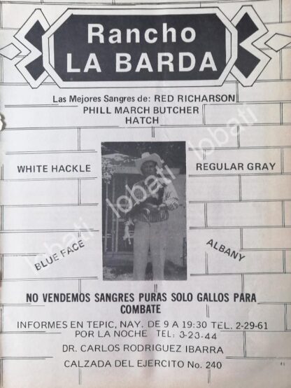 CARTEL ANTIGUO ORIGINAL DE CRIADERO DE GALLOS DE PELEA, RANCHO LA BARDA 1980s /454