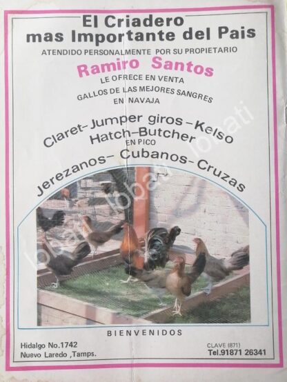 CARTEL ANTIGUO ORIGINAL DE CRIADERO DE GALLOS DE PELEA DE RAMIRO SANTOS 1987 /448