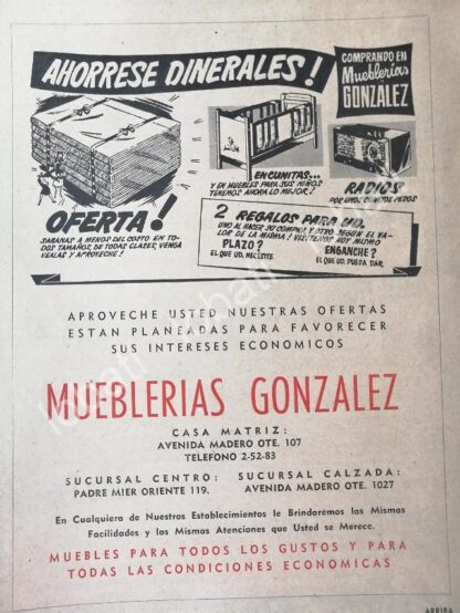 CARTEL ANTIGUO ORIGINAL DE MUEBLERIA GONZALEZ 1953 /441 MONTERREY