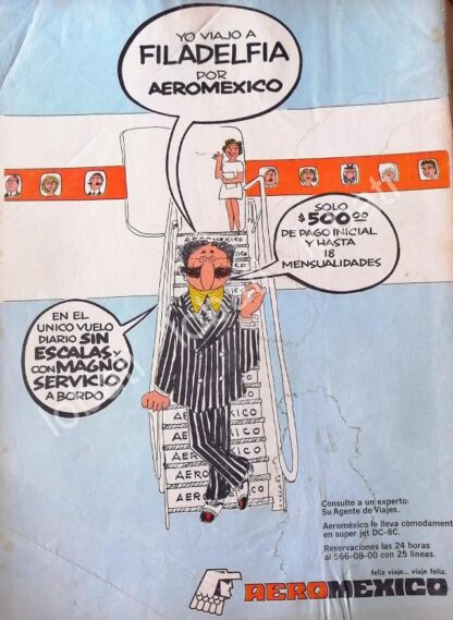 CARTEL ANTIGUO ORIGINAL DE AEROLINAS AEROMEXICO 1973 DIBUJO DE ABEL QUEZADA /436