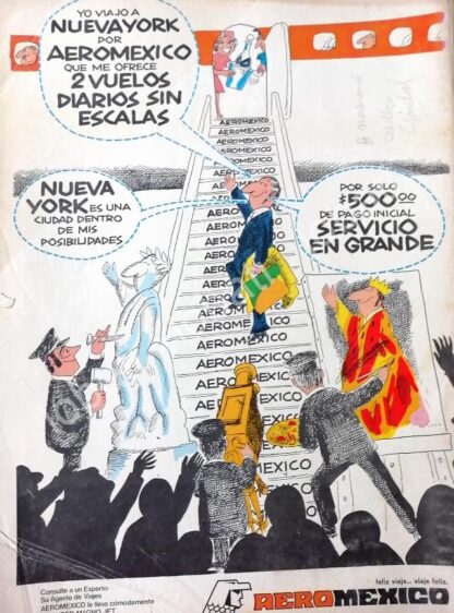 CARTEL ANTIGUO ORIGINAL DE AEROLINAS AEROMEXICO DIBUJO DE ABEL QUEZADA 1973 /433