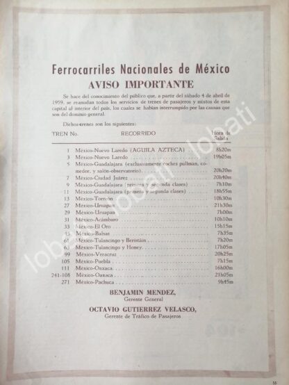 CARTEL ANTIGUO ORIGINAL DE AVISO REANUDACION DE FERROCARRILES NACIONALES 1959 /417