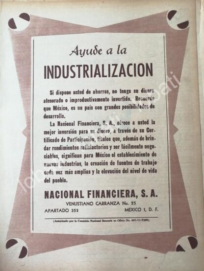 CARTEL ANTIGUO ORIGINAL DE BANCO NACIONAL FINANCIERA 1956 /152