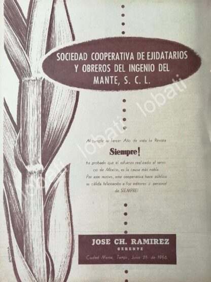 CARTEL ANTIGUO ORIGINAL DE COOPERATIVA INGENIO DEL MANTE 1955 DIBUJO DE LUIS AMENDOLLA 414