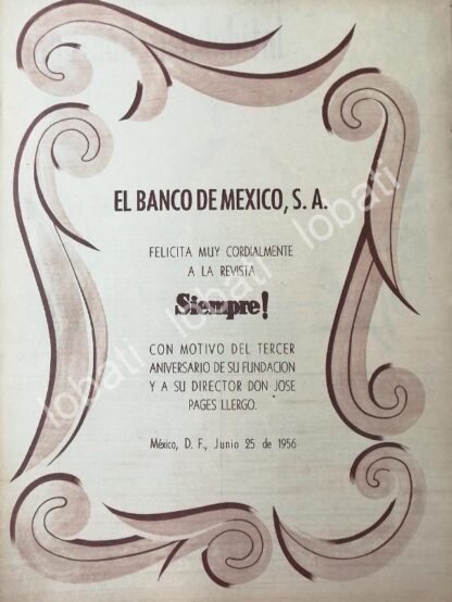 CARTEL ANTIGUO ORIGINAL DE EL BANCO DE MEXICO FELICITA A LA REVISTA SIEMPRE 1956 /150