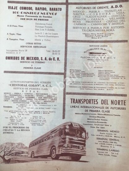 CARTEL ANTIGUO ORIGINAL DE OMNIBUS DE MEXICO, TRANSPORTES DEL NORTE Y MAS 1960 /411