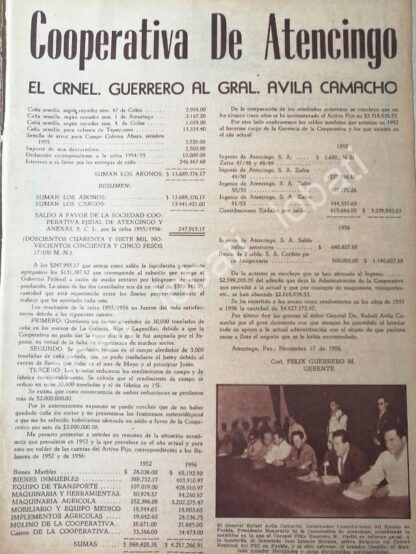 CARTEL ANTIGUO ORIGINAL DE COOPERATIVA DE ATENCINGO 1956 A AVILA CAMACHO S.A 394 /RARO