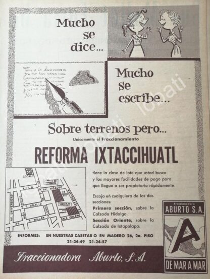 CARTEL ANTIGUO ORIGINAL DE INICIOS DE LA COLONIA REFORMA IXTACCIHUATL 1956 ABURTO S.A 393