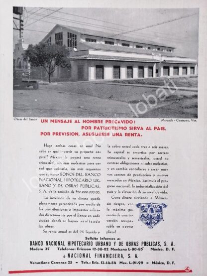 CARTEL ANTIGUO ORIGINAL DE BANCO NACIONAL HIPOTECARIO INAUGURA MERCADO MUNICIPAL, COATEPEC VERACRUZ. 1946 /179