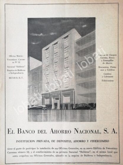 CARTEL ANTIGUO ORIGINAL DE BANCO DEL AHORRO NACIONAL, NUEVO EDIFICIO. 1946 /175