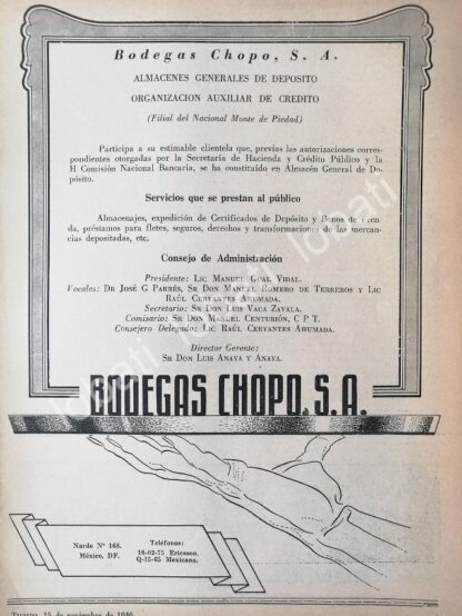 CARTEL ANTIGUO ORIGINAL DE TIENDA. BODEGAS CHOPO S.A (MONTE DE PIEDAD ) 1946 /498