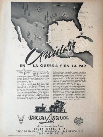 CARTEL ANTIGUO ORIGINAL DE BARCOS NAVIERA CUBA MAIL LINE Y EL ESCUADRON 201, 1945 /496 SGM