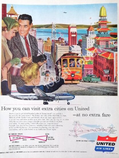 CARTEL ANTIGUO ORIGINAL DE AEROLINEAS UNITED AIR LINES 1954 /586