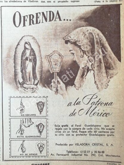 CARTEL ANTIGUO ORIGINAL DE VELADORAS CRISTAL S.A Y EL FAROL GUADALUPANO 1953 /590